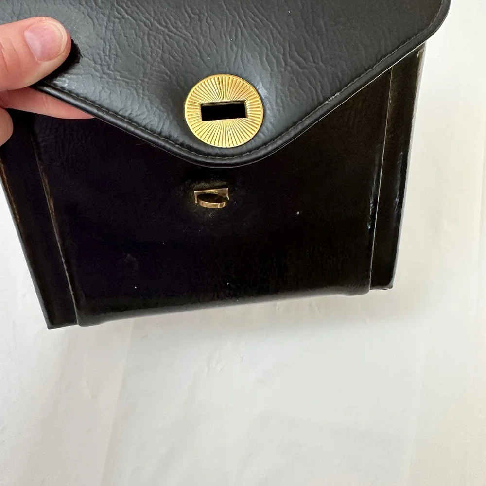 Vintage Black Faux Leather Top Handle Handbag Structured Satchel Gold Clasp‎